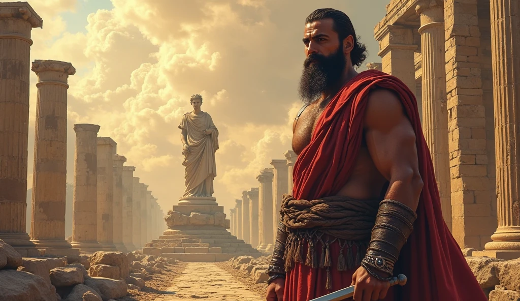 a greek hero, wearing a robe with a sword in his hand and holding the severed head of a monstrous bull