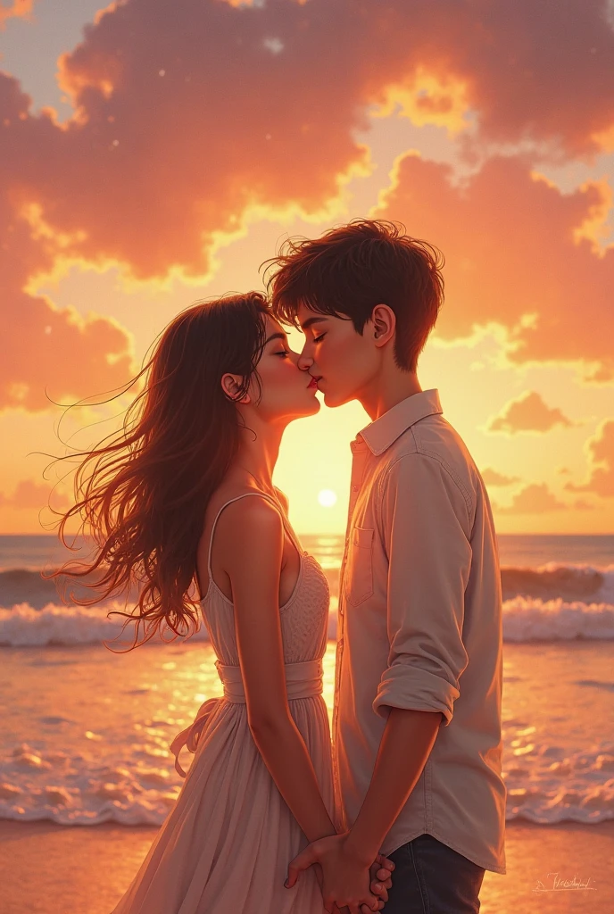 Sky Painted with Love:
A cover that features a picturesque sky at sunset, with warm tones of orange, pink and gold. In the center, a couple holding hands looking towards the horizon, representing the love that unites them.