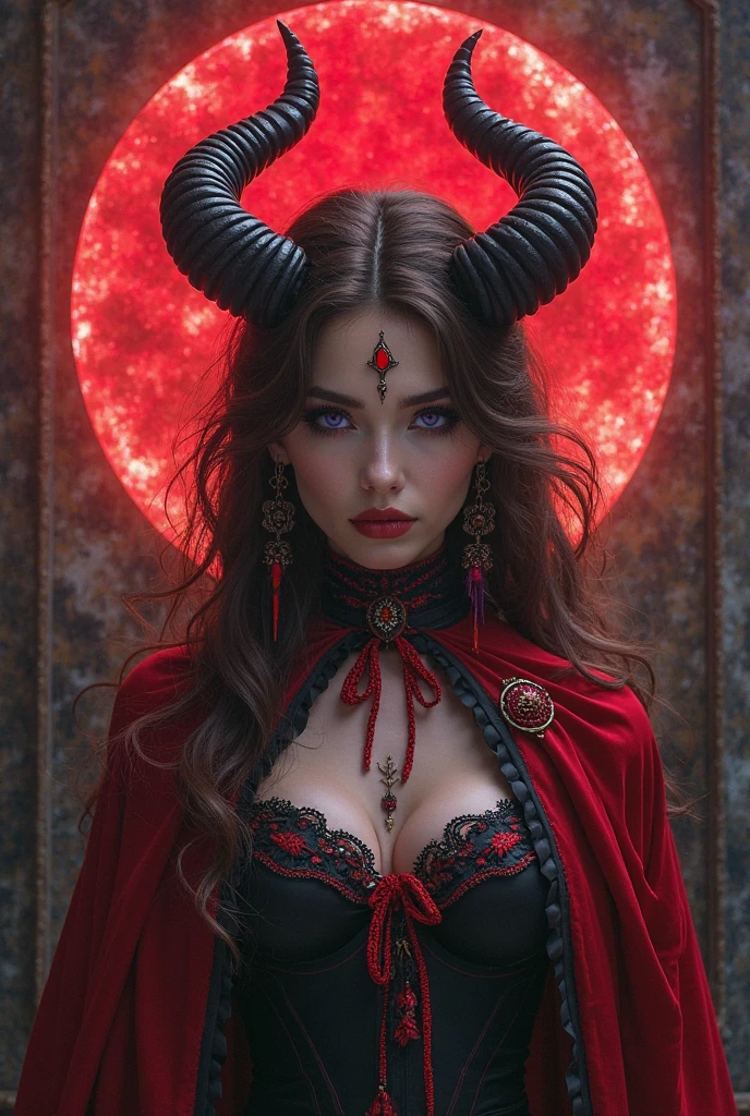woman in red dress and has horns, luminous, dark romantic illustrations, sombre, gemstone, airbrush art, bold palette 