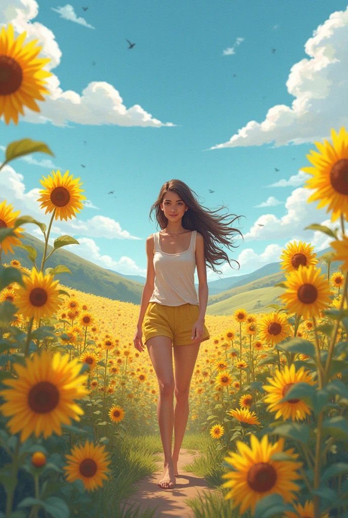 (Best Quality, 8k, 32k, Masterpiece, UHD: 1.2, Ray Tracing: 1.2, Real: 1.2), 1girl, (Side: 1.5), Yellow Short Sleeves, Denim Shorts, Sneakers, (Prairie, Long Range, Running in Prairie: 1.5), Prairie Landscape, Happy, Blue Sky, White Clouds, Meadow, Little Flower,