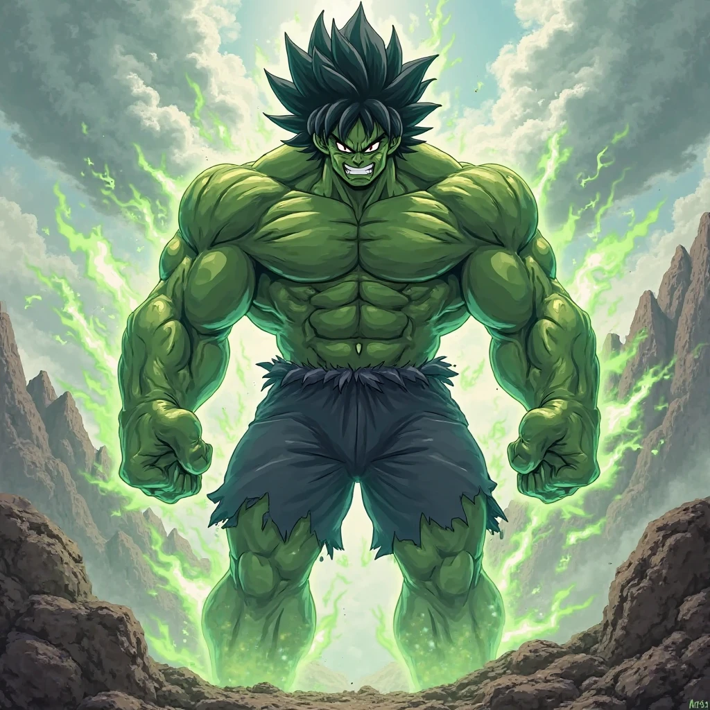Anime boy, (hulk) power, muscular body, angry detailing face,green eyes, purple aura, roaring,