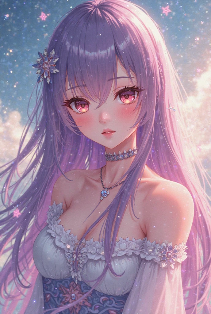 Beautiful anime girl with iridescent crystalic hair and iridescent eyes