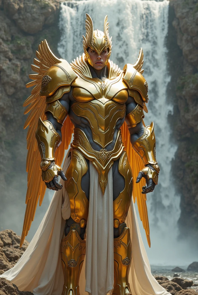 indonesian superhero A majestic superhero with an elaborate gold costume inspired by the Garuda bird, wearing battle mask, featuring large, radiant wings. He stands atop an ancient temple in the lush Indonesian rainforest, with the Borobudur temple visible in the distance.
Distinctive Traits: Traditional Indonesian attire, gold wings, tropical rainforest, ancient temples.