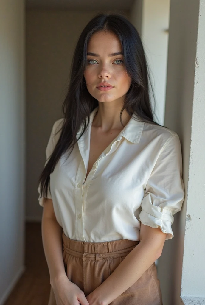 Colombian Portuguese girl cup of freckles in her twenties long curly hair dressed in classy outfit