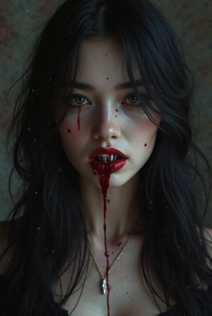 aa portrait of vampire with a bloody tear coming down from he eye, an exotic beautiful female vampire, dynamic hair color hair color, dynamic hair style, ultra detailed face, best detailed face, silver eye color, ((1single red teardrop: 1.3)), ((tear drop made from blood)), ((teardrop coming down from the eye: 1.3)), small cleavage, wearing two black diamond earrings, Ultra-high resolution, High Contrast, (masterpiece:1.5), highest quality, Best aesthetics), 16K fantasy art, best details, best quality, highres, (ultra wide angle: 1.2), 16k, [ultra detailed], masterpiece, best quality, (extremely detailed), ladyshadow, magical sky, crying style, vampire teeth