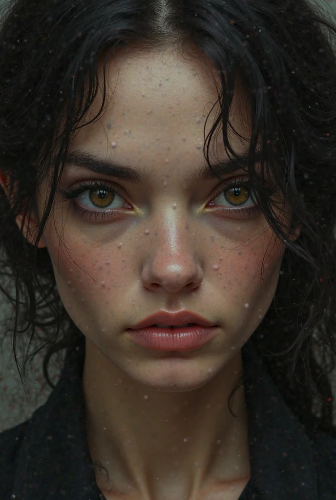 russian girl, yellow eyes, amber eyes, black hair, long hair, dark hair, freckles on the face, pale skin, White skin, fringe, fringe, serious face, pink lips, splattered nose, russian woman, beautiful
