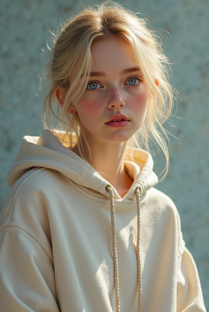 blonde woman with hoodie and backpack, doll style, digital art