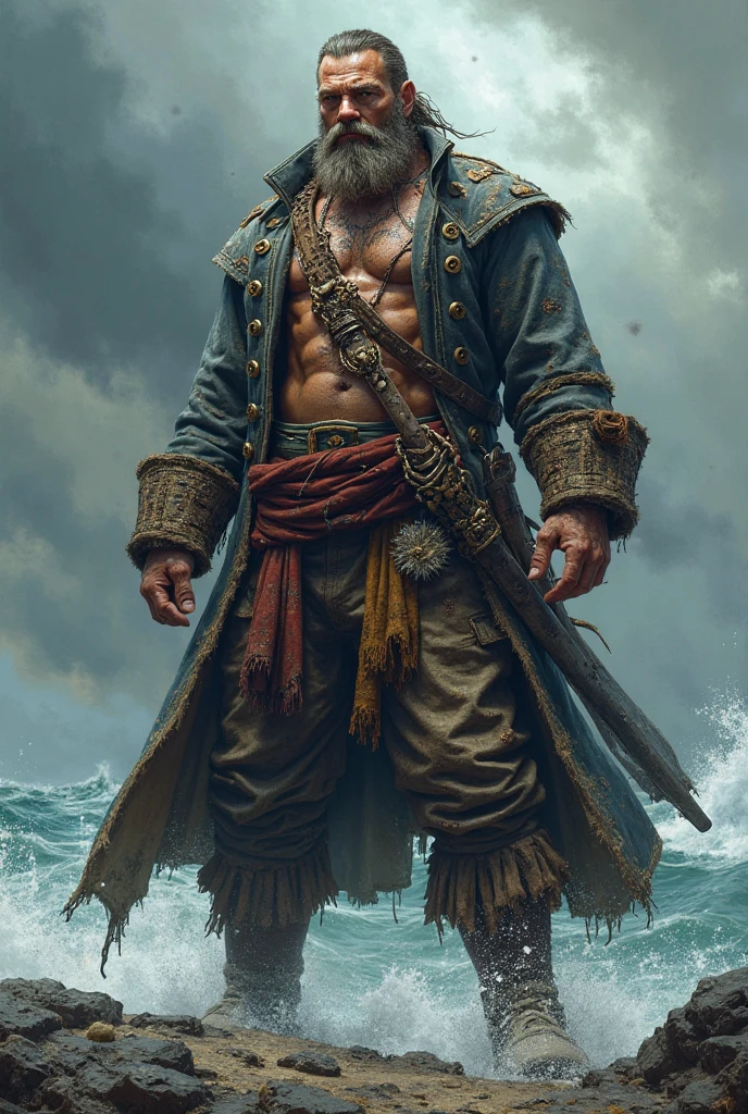 a sailor, skin fair, shirtless with defined abs, sultry gaze, holding a trident in his left hand, navy blue outfit and pirate hat, in the background a black pirate ship