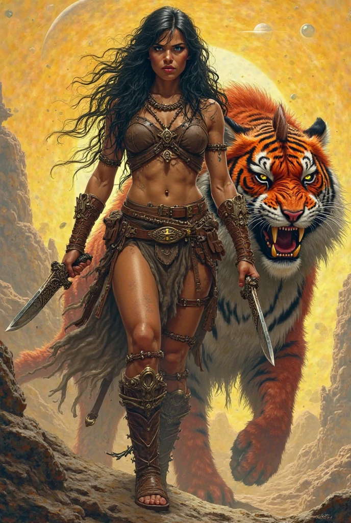 (masterpiece), (best quality), (ultra detailed), (cinematic lighting), (illustration), Frazetta, (a woman on a mountain), one tiger,