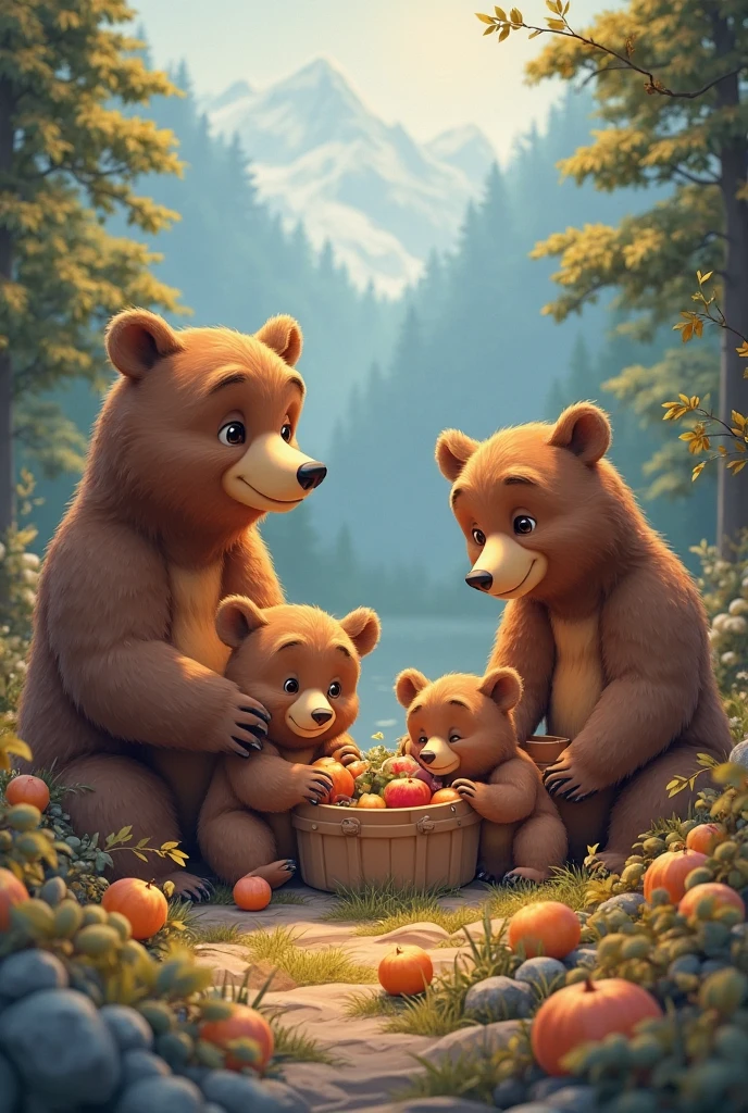 Create a cartoon where there is a family of two big bears and three little bears at a table in their little forest house.