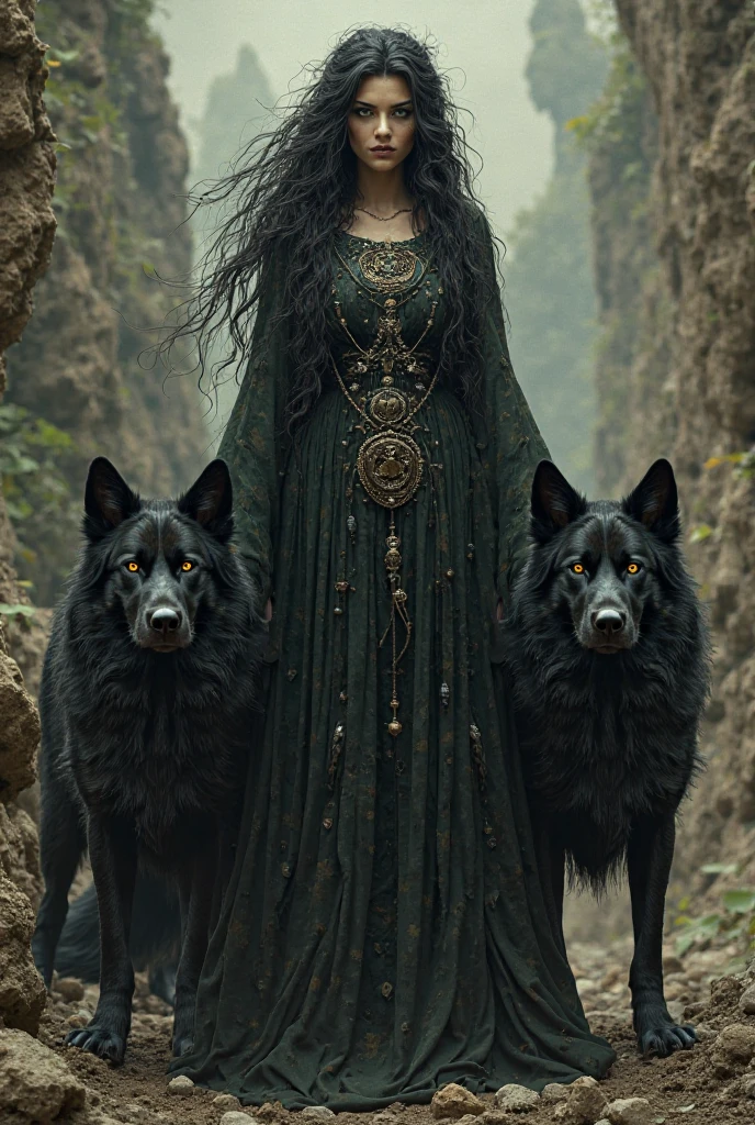 A mystical shaman figure in a misty forest setting, wearing an elaborate headdress made of black and white feathers. The figure is dressed in dark clothing with intricate patterns. They are sitting on the ground, surrounded by tall grass and foggy trees in the background. A border collie dog with black and white fur is resting beside the shaman. The overall atmosphere is ethereal and mysterious, with a muted color palette dominated by greys, blacks, and whites. The lighting is soft and diffused, creating a dreamlike quality to the scene.