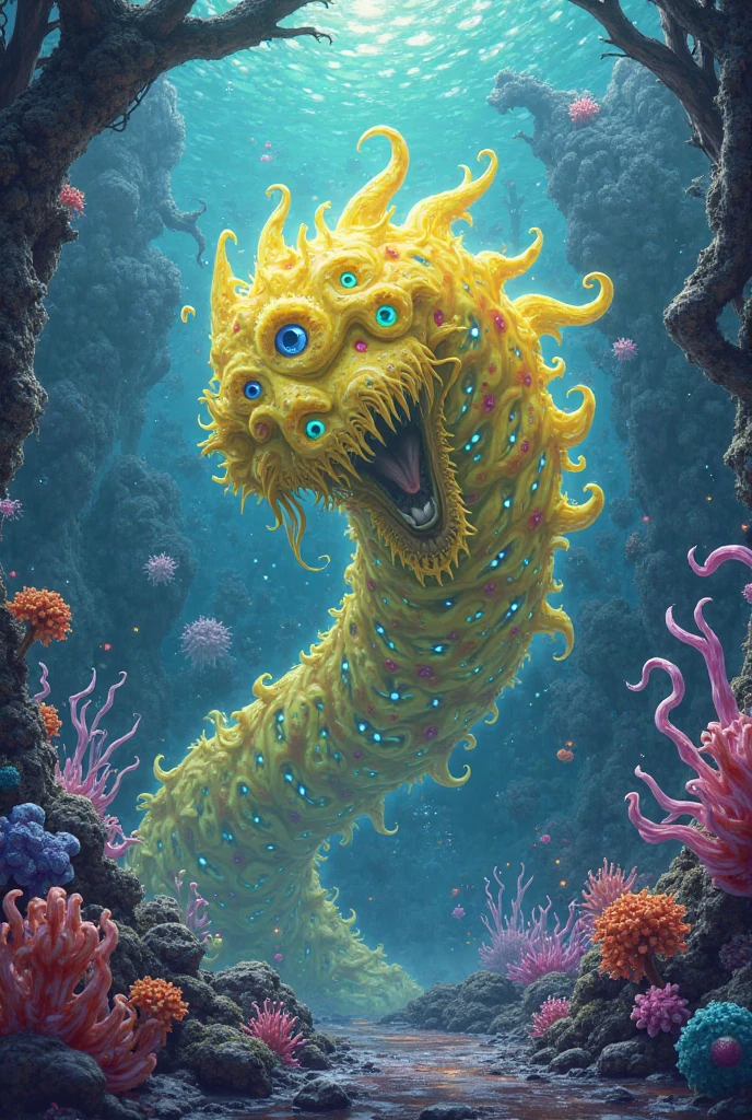 masterpiece illustration, detailed, hires, octane rendering,DonMC4ndyL4nd  a unearthly rocky light snakelike  Mokele-Mbembe, carapace skin, fins,      coiled tails, <lora:DonMC4ndyL4nd:1>