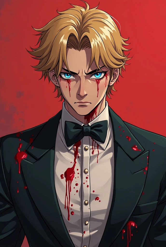 A 19 year old boy, To stay (black clover), spiky hair, messy hair, hair between the eyes, light cream hair, for white, green eyes, black headband, thin arms, upset expression, Un chaleco blue suit with stripes, Una camisa de vestir azul claro con las mangas arremangadas hTo stay los codos., Pants matching the vest.., blue suit with stripes, He wears a watch on his left wrist.., many tattoos on the forearms, elegant and casual clothing, epic hike, blood on more hands, alone, black background