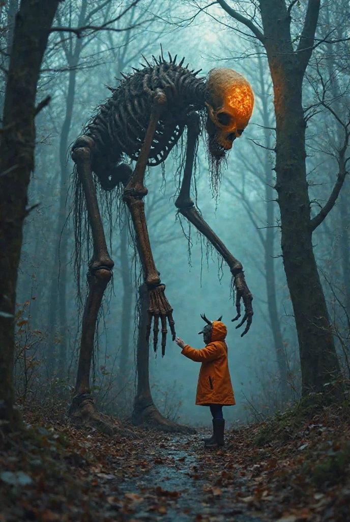 A dark and disturbing troll wanders in a mysterious forest with a club in his hand, along the path there are skeletons scattered.