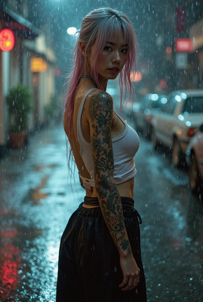 A Russian woman with short green hair, oriental makeup blue eyes, bountiful breasts. He is wearing a nose piercing. She is wearing a white top. Tattooed entire left arm. ripped denim shorts, fishnet stockings and boots. Sideways position with butt sticking out in rocker pose.