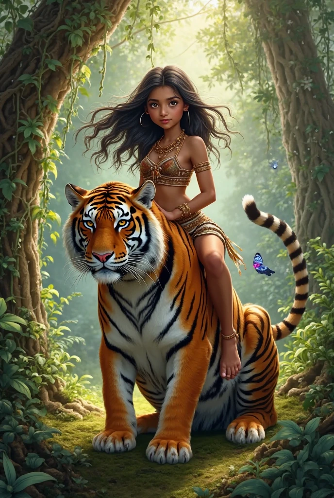 ((best quality)), ((masterpiece)), looking at viewer, (young woman), jungle girl and her tiger, loincloth, native clothes, small creek, rain forest, small waist, long brown flowing hair, beautiful face, stunningly beautiful woman, good hands, good feet