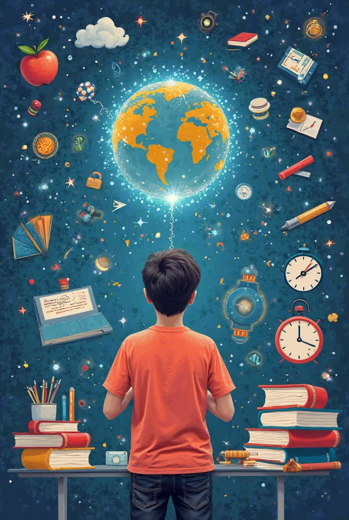 Psychedelic art (drdjns style), (childrens_book_illustration style), a young boy is daydreaming at school, imagining all sorts of magical things that are forgotten by the adult mind, masterpiece, 8k, hdr, award winning, highly aesthetic