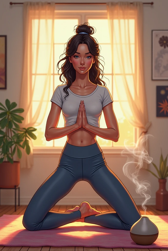 a woman sitting on a yoga mat in a room with a pink mat, violet myers, stoic pose, meditating pose, meditation pose, lotus pose, satisfied pose, full body pose, sitting pose, relaxed pose, powerful pose, symmetrical pose, yoga pose, yoga meditation pose, cool pose, fit girl, natural pose, attractive pose, fully body pose