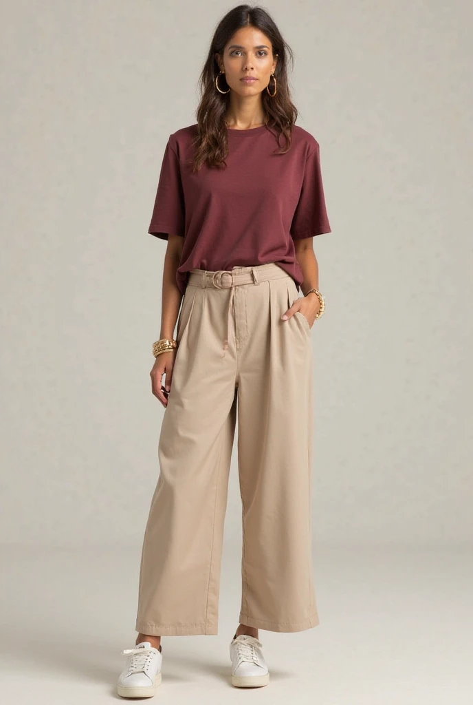 clearing! Imagine a blouse made of terracotta crepe, with short, puffy sleeves that measure 20 cm. The sleeves have a slight volume, creating a puffy effect that adds a touch of elegance. The blouse also has a square neckline and is fitted at the waist with an elastic, creating a cinched and well-defined look.

The front of the blouse highlights the short, puffy sleeves, The square neckline, and the fitted waist. in back, the design follows the same style, maintaining the elegance and simplicity of the garment.

The wide-leg pants, also in terracotta crepe, continues with the side slits, adding movement and modernity to the look. The slits are subtle, but notable, and follow the length of the pants, which is wide and flowing.

Show front and back, transform the shirt into a long cropped top , put sneakers on your feet 