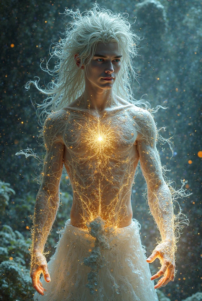 
A beautiful masculine man wearing a short translucent, long hair, seductive, orgasmic, erotic, sensual, thighs, perfect anatomy, full body pose, nacre, midriff, skin pores, perfect face, iridescent robe, sharp details, posing as a delicate knight, surreal, field of stars, insanely detailed, glitter, sparks, muted colors, sharp focus, emitting diodes,