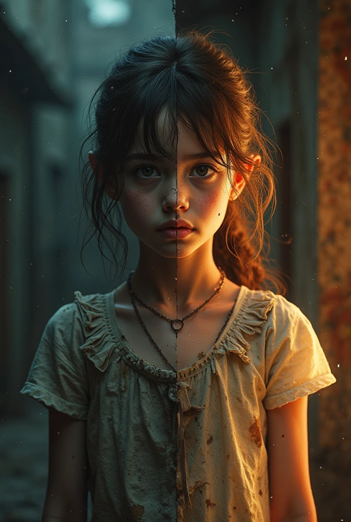 Front view of abused 13 year old orphanage girl and a glowing fiery small
butterfly in the distance