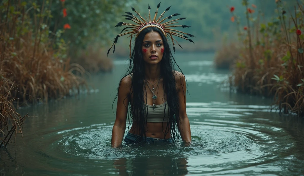 grainy film photo, documentary drama portrait, a woman in high heels and wetlook flared jeans and t-shirt and biker jacket, desperate stuck in slime bog, victim of ritual, sexy posing, seductive posing, wearing a beautiful headdress and traditional indigenous makeup, red light, blue