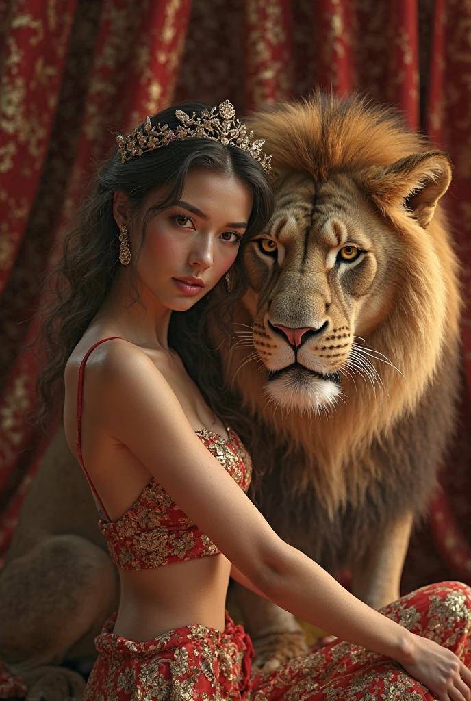 Create an ultra realistic beautiful woman with lion leaning on him from the besides girl and Lion walking on the stage