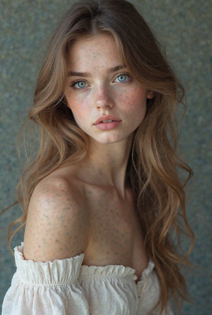 1girl in, age19, Solo, Aesthetic artwork, irish, wavy strawberry blonde hair, shoulder length hair, gray eyes, light grey eyes, some small freckles, pale skin, runners body, (textured skin, skin pores:1.1), goosebumps, wearing a cardigan without anything underneath, no bra, rural outdoors