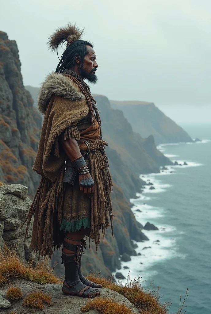 Wide angle shot of an African man holding a spear and dressed in ancient african clothes of hides and fur, stands on a frozen lake, red colour spread minimally on the frozen lake, red and white layers of colour in the background, giving a grey and white colour grading in the scene, colour grading reminiscent of interstellar movie by Christopher Nolan, Epic cinematic lighting, artgerm style, 32k, ultra HD, unreal engine rendered, hyper-realistic image,