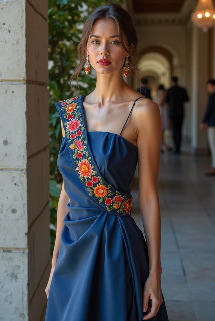 Ukrainian woman, full body, nice face, jolie corps, ((dress with blue top and yellow bottom)), smirk, ((dans la ville de Lviv)), main opera square
