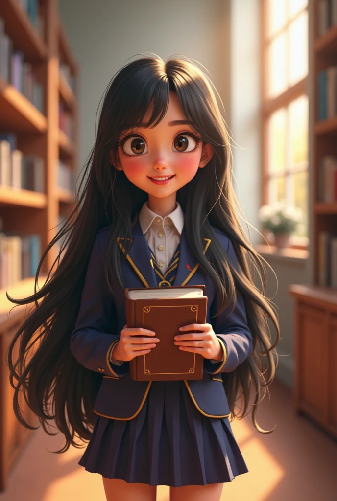 schoolgirls,Image of student with long black curly hair,Smile sweetly,holding a book in his hands