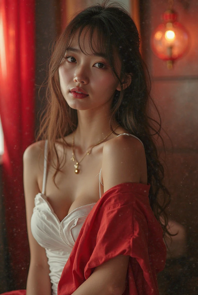 RAW Photos, (Full HD Epic Wallpaper),8k,Hyper HD, Digital SLR, Soft lighting, high quality, Film Grain, Fujifilm XT3,The eyes are delicate and clear,The face is super clear,(1 person, woman:1.2),( Half Body), Long white hair, (The camera is focused on the knee:1.3),alone, Detailed Background, Detailed face, Pale complexion, Lolita Costume, Red underwear , Suspended particles, Particle Effects,, Red Flame, In the background, Enveloped in a deep red mist, sunset, Symmetrical Configuration, Spectacular atmosphere,Large Breasts