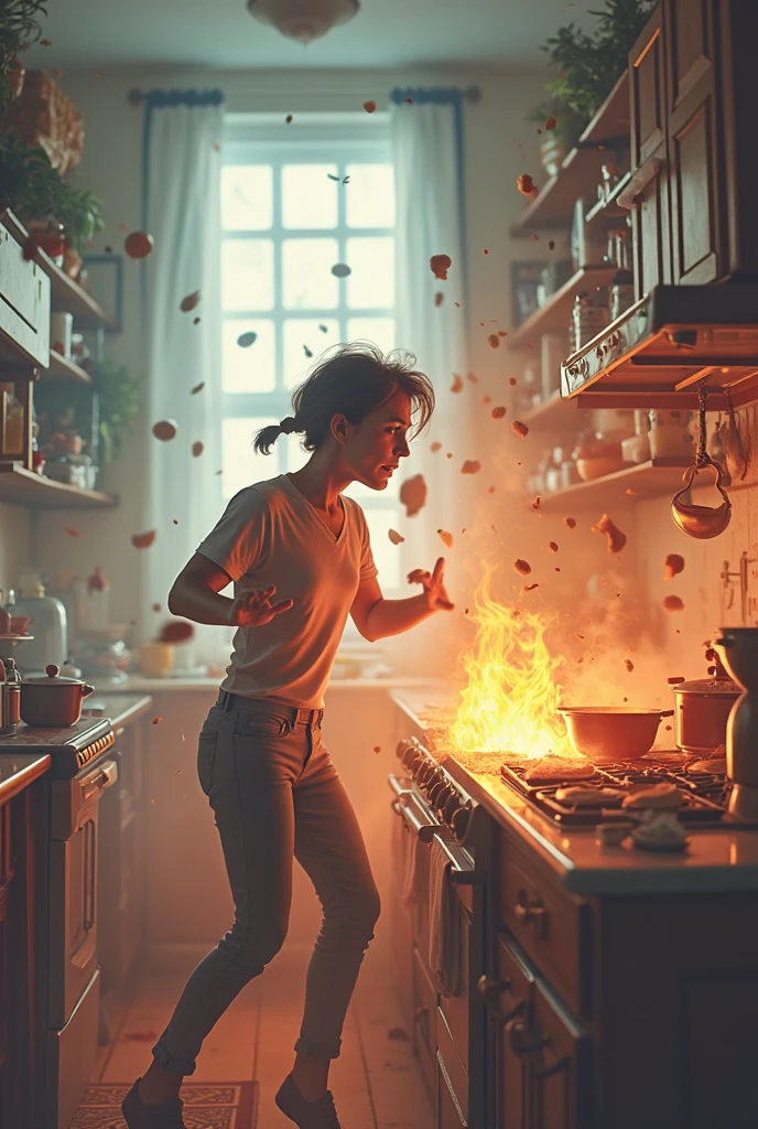 <lora:Explosion Artstyle - Trigger is Explosion Artstyle:1>, explosion artstyle ,A naked beauty with an apron, cooking, looking at viewer, smiling, cooking in the kitchen with a skillet, skillet explosion, cinematic lighting,