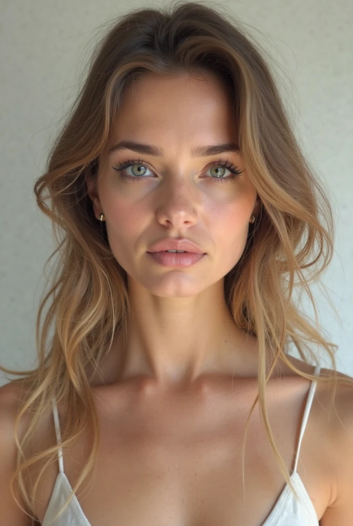 (photo realism 1.2) Beautiful, very realistic woman with fine features and a square jaw. Highly detailed dark green eyes and shoulder-length light brown hair. with a slightly sagging medium-sized chest that is very detailed