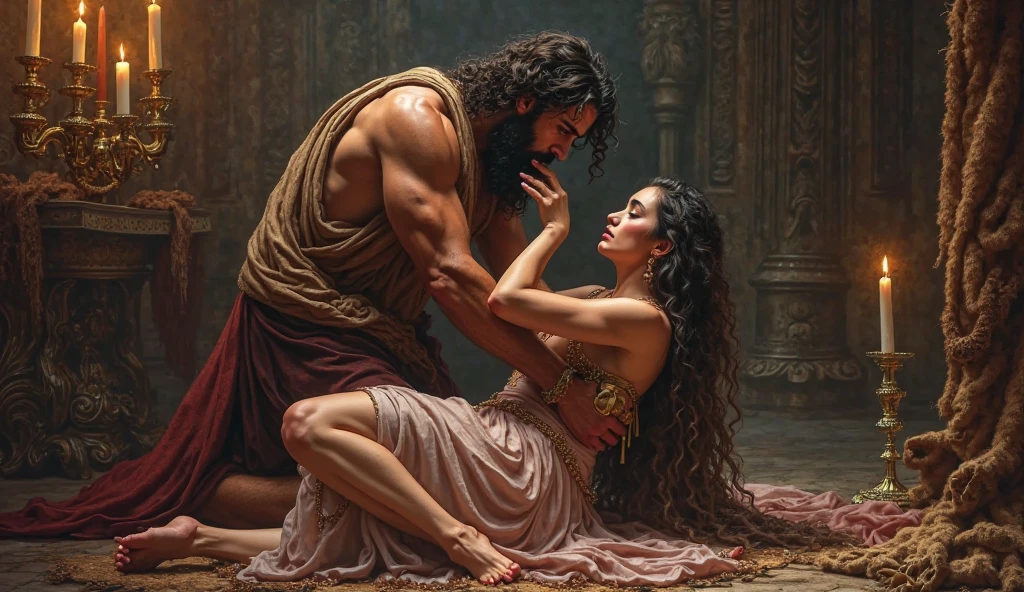 Persephone, the goddess of the seasons, with an extraordinary beauty, sitting next to the god Hades, king of the underworld, gloomy looking, of fair character and muscular physique, in the Underworld, according to Greek mythology