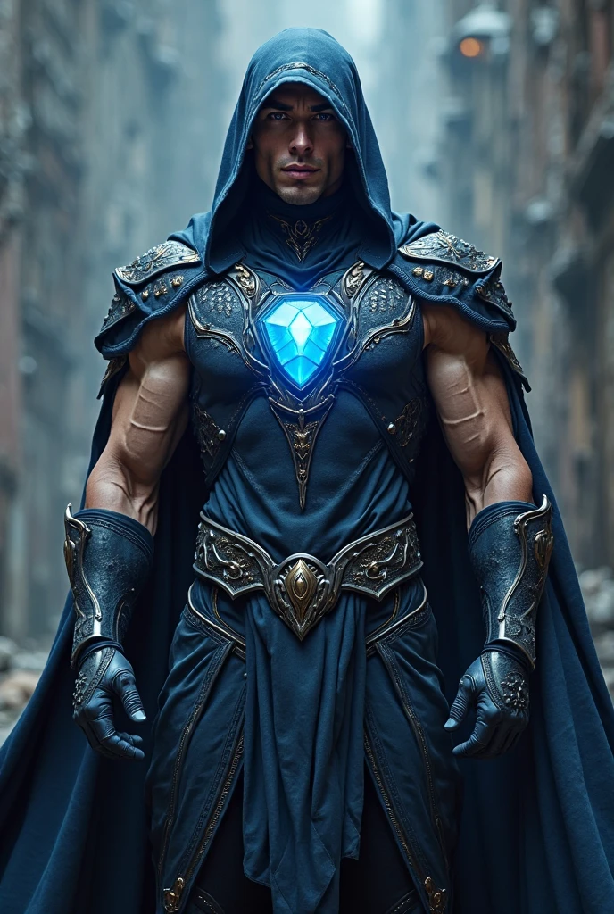 ic34rmor, wearing ice paladin armor, see-through, ((fighting stance)), medieval fantasy city background, street, alley, holding dagger, cloak, hood, from side, (face portrait), (extreme close up:1.4), realistic, masterpiece, intricate details, detailed background, depth of field, photo of a man,