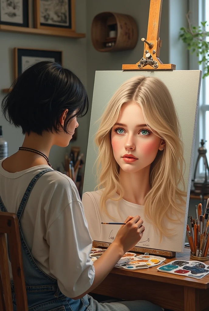 An easel, paints, an artist standing full-length, a cyborg woman painting a self-portrait with a brush in oil paints,, blonde hair, (Best quality, 4K, 8k, A high resolution, masterpiece:1.2), absurdity, masterpiece, ultra detailed, Side view:1.2, (realistic, photorealistic, photorealistic:1.37), complex parts, HDR, (complex parts:1.12), (hyper detailed, hyper realistic, Soft lighting, spicy:1.2), beautiful figure, Magnificent Anatomy, (complex part, Hyper detailed:1.15), Smooth skin,