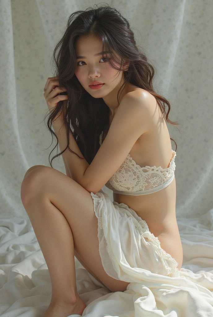 (There was a 16 year old Japanese girl., Despite being only 13 years old, have a slim body, medium chest, And a very cute baby face.:1.5),(full body portrait:1.5),very narrow waist,Pure white sheer miniskirt lingerie, Lace gloves, High heels and garter stockings,Frightened look,Stand empty-handed and turn your gaze away,The girl is looking for somewhere,A secret shot taken from a distance