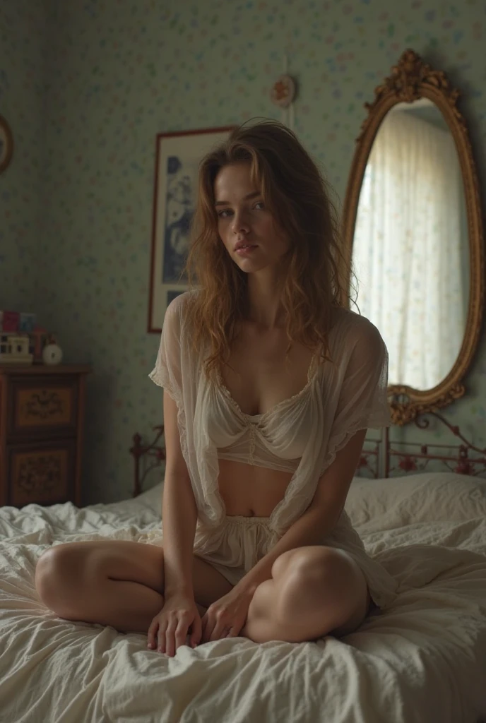 Sophia Lillis, plump body, goth makeup, pale skin, long luscious hair, naked under sheer dress
