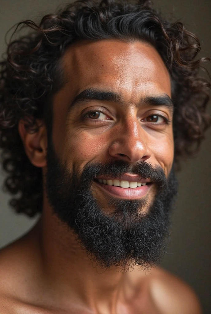 Create an image of a young man with black hair, long to shoulder height and straight and beard with long and beautiful hairs in the gradient. Extremely strong man with the best physique in the world, with the most beautiful shape in all of history. Happiest and most beautiful there is