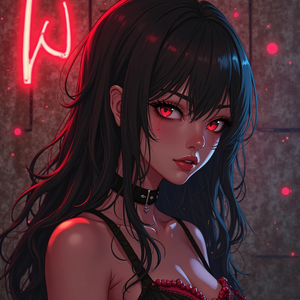 Goth girl 1girl,One,long hair,I look at the viewer,Red eyes,Jewelry,NECKLACE,draw up,pomade,Black background,portrait,sparkling eyes,