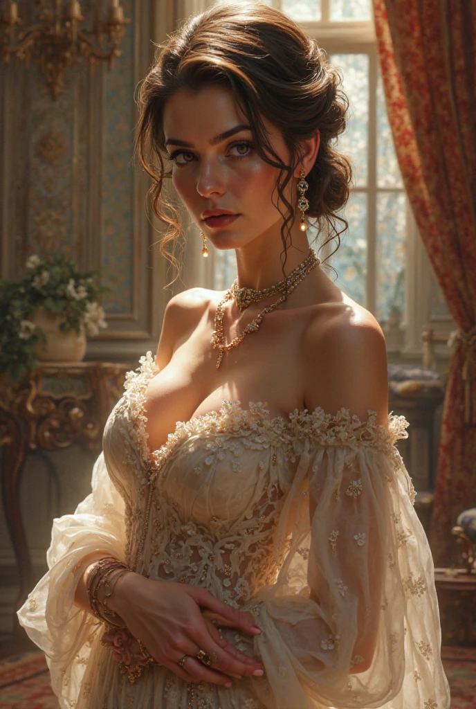 ornate lady painting by Erte::3 gothic castle, movie setting, beauty and the beast, candle lighting, gothic window with backlighting. very ornate, late gothic style --stylize 999 --v 6.0 --c 33 --iw 1.4 --ar 10:17
