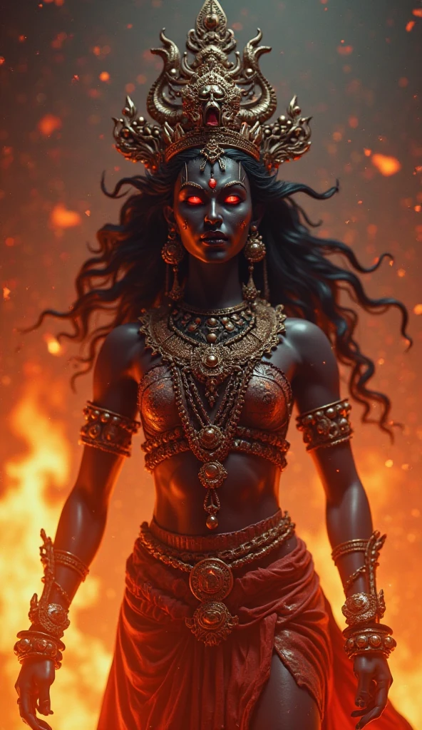 portrait painting of scary but sexy female, ((kali the destroyer with dark grey skin)), ((bare chested)), (flower lei with skulls around neck), ((skulls around waist)), ((wearing a gold ornate tiara)), ((gold jewelry)), (nose jewelry), ((belly chain)), (long claw like nails), (belly dancers outfit), (grass skirts), beautiful face, dark red lips, (terrifyingly evil smile and intense eyes), (black eyeliner), (blood splatter on skin and hands), ((long wild flowing black hair)), (wind), (glowing red eyes), (perfect skin texture), disturbing face, scary, horror, creepy, ((dynamic pose)), fierce, highly detailed, intricate ornaments, global illumination, subsurface scattering, specular lighting, hdr, 8K, nanite raytraced, ((character surrounded by fire)), (((ember particles))), ((backlit)), (dark background), full torso, dramatic, (masterpiece), (less flowers),