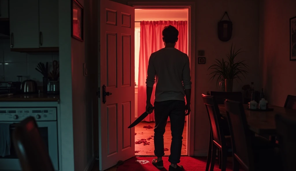Dramatic illustration of a man entering a blood-stained house in 1994 