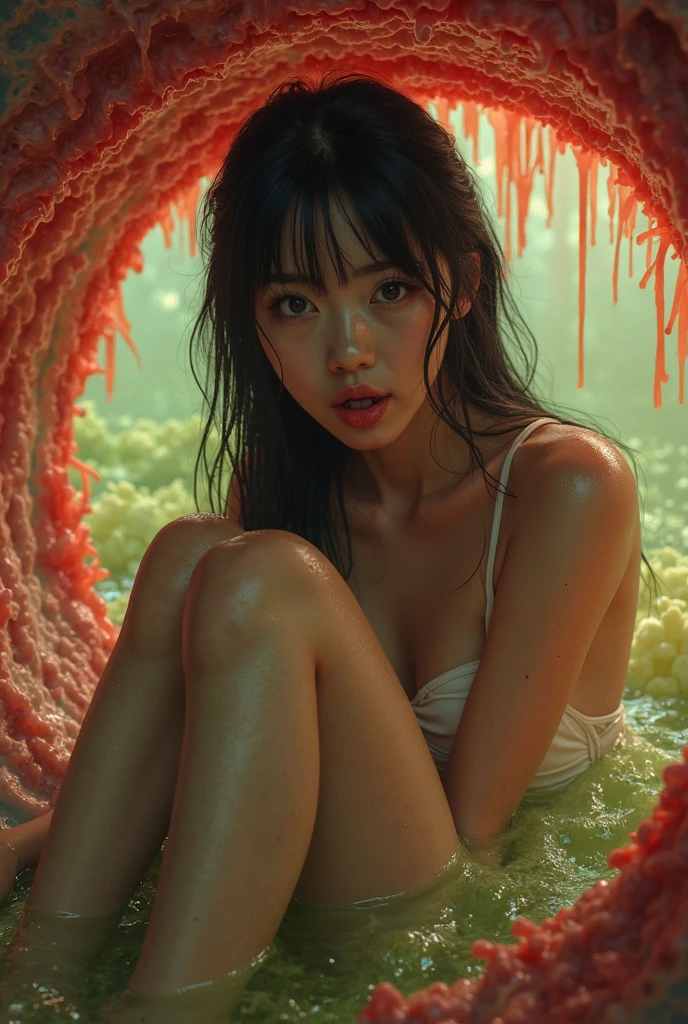 A 26-year-old beautiful girl with straight long black hair is wearing only a shiny yellow apron in the middle of a pile of bubbles made with dishwashing liquid.. Excellent quality, high detail. 8k image, low angle. Duch shot. God's look. Breasts prominent body sexy and attractive