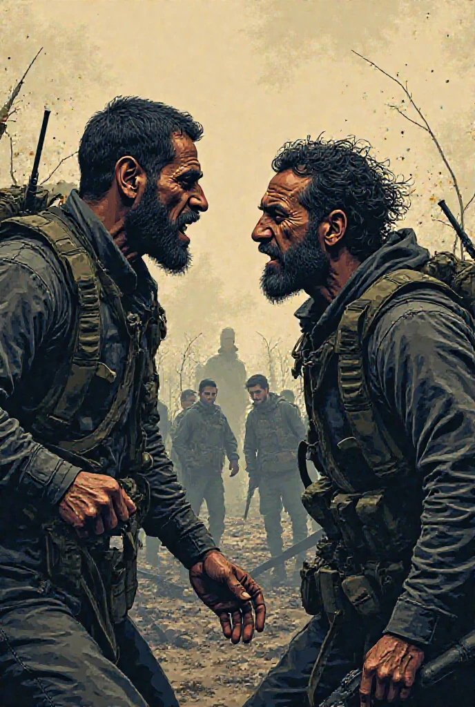 Men in military uniform hugging each other at war