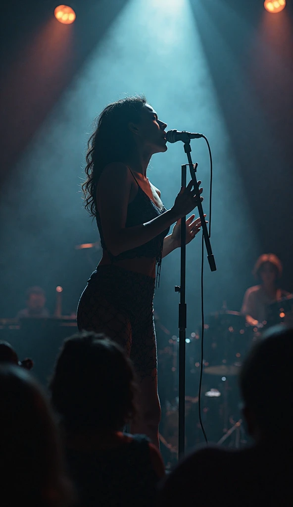 (photorealism:1.2),
A singer is singing on really huge stage with a led wall behind her. The staging is dark with purple lights.