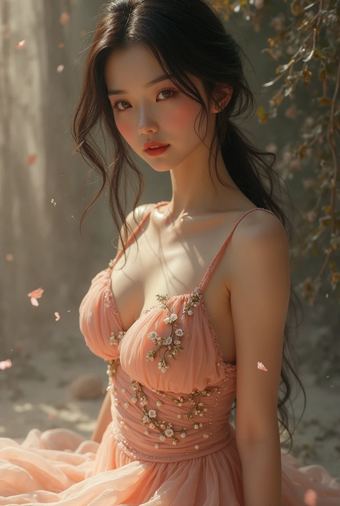 top-quality、​masterpiece、超A high resolution、(Photorealsitic:1.4)、Raw photo、女の子1人、huge tit、pink  dress、off shoulders、flower  field、glistning skin、Light smile