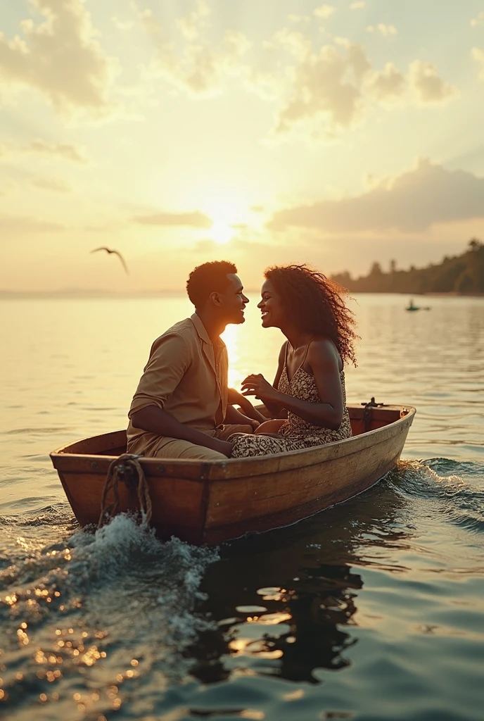 A man lying in a small boat next to a pier, the boat is covered in colorful flowers, in the background a beautiful sea and an island, an African couple looking in love, lovers, love in the air 3d , Hollywood film, Epic