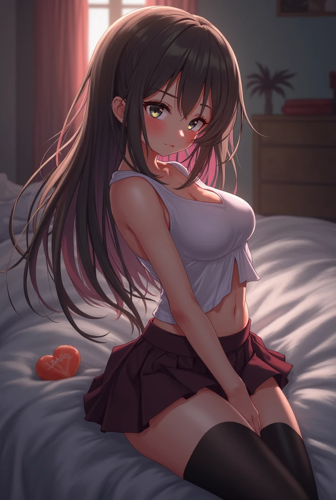 Keqing, (blushing face:1.5), erotic pose, ((white tanktop)), ((pink panties)),((condom on mouth)), sitting on bed, cowboy shot